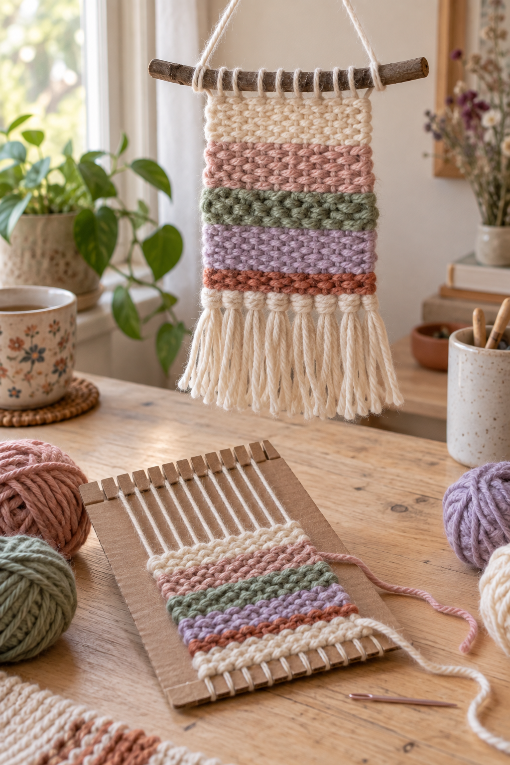 Cardboard loom wall hanging project inspiration
